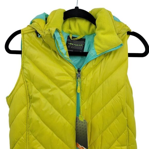 Tek Gear Puffer Vest M Chartreuse Quilted Contrasting Hood Zip Pockets Gorpcore - Picture 6 of 12
